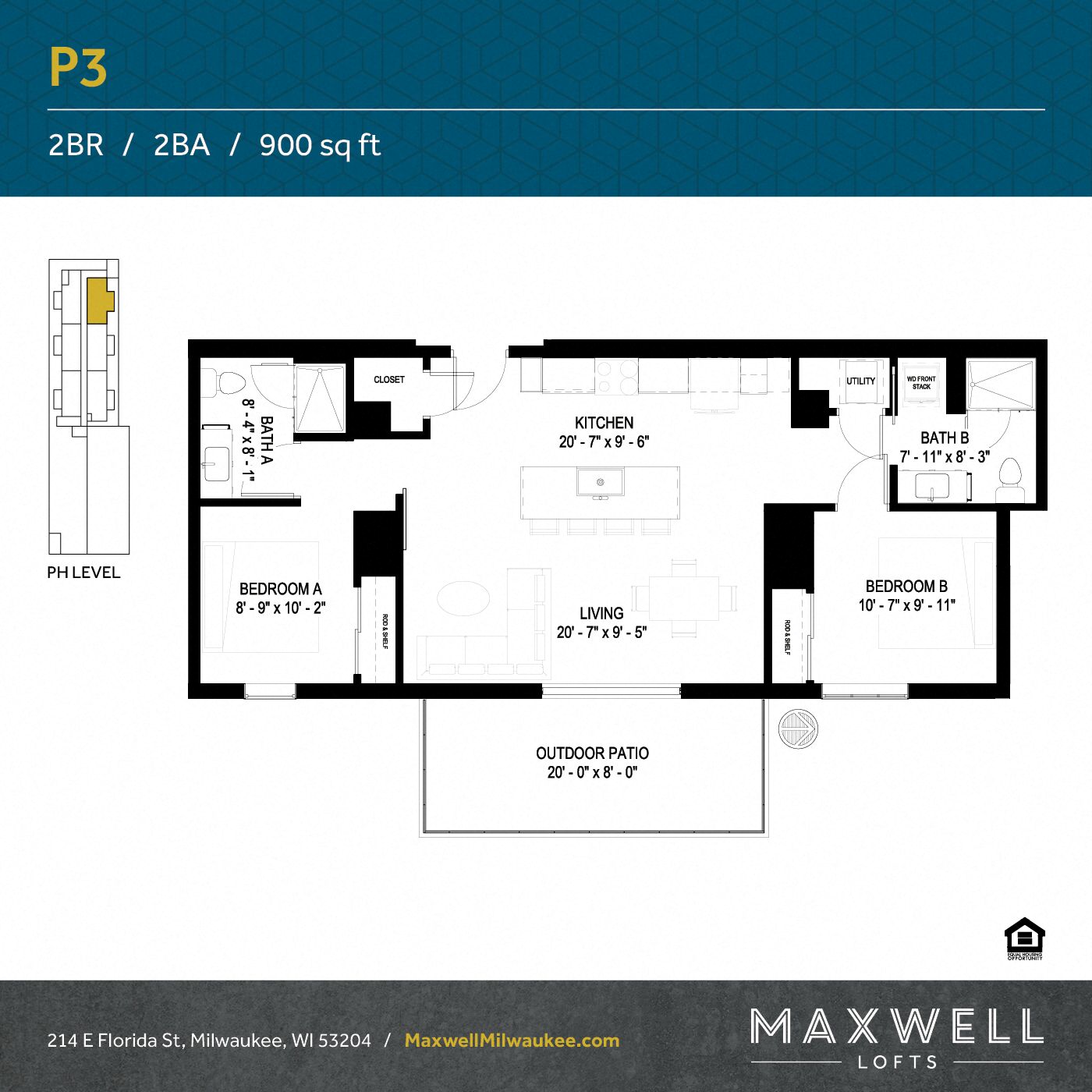 Floor plan for 2 beds, 2 baths, 972 sqft